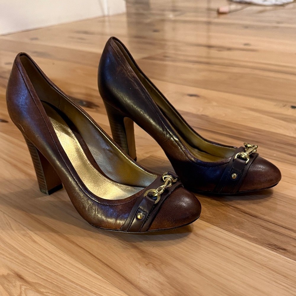 Elegant Coach Brown Leather Heels with Gold Accents
